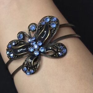 Vintage Brass Butterfly Cuff Bracelet - Blue Rhinestones & Enamel Detail